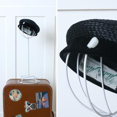 vintage 1950s cute black cap • soft straw &amp; velvet beret hat with button 
