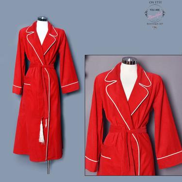 30's Vintage Red Corduroy Long Robe Coat 1930's, 1940's Overcoat, Mens Smoking Jacket Art Deco Flapper Era Swing WWII 