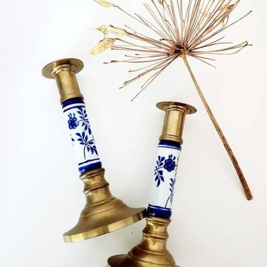 Vintage Brass &amp; Blue Floral Porcelain Candlestick Holder Set 