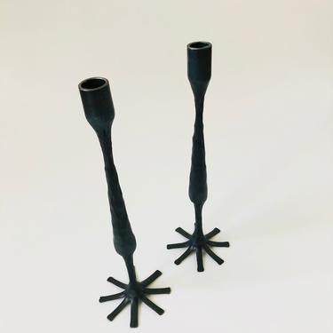 Pair of Tall Vintage Brutalist Cast Iron Candle Holders 