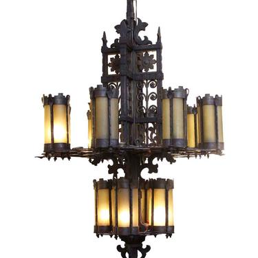 Wrought Iron &#038; Amber Glass Chandelier