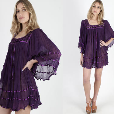 Large Kimono Sleeve Purple Gauze Mini Dress Satin Ribbon Trim Crochet Dress Vintage 70s Mexican Angel Sleeve Tropical Vacation Cover Up 