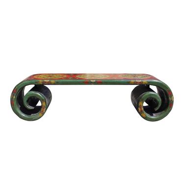Chinese Tibetan Distressed Red Yellow Green Lacquer Scroll Coffee Table cs5789S