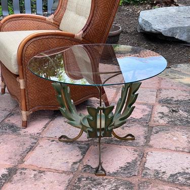 Italian Mid Century Modern Floating Glass Top Side Table with Leaf Shaped Supports 