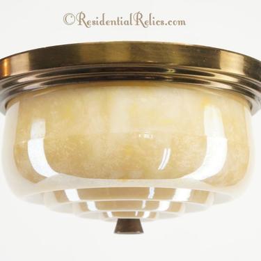 Brass ceiling fixture with iridescent glass shade, circa<NOBR> 1940s</NOBR>