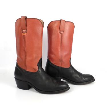 Brown Levis Boots Vintage 1970s  Leather Two tone Black Cowboy Orange tab Men's size 7 