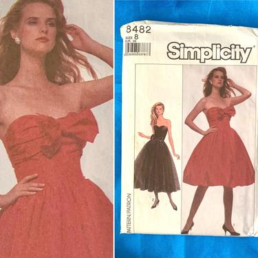 Vintage 80s Prom Dress Sewing Pattern, Strapless Cocktail Dress,  Ruched, Origami Big Bow 