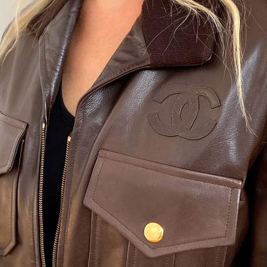 Vintage CHANEL CC Logo Brown Leather BOMBER Aviator Quilted Jacket Coat Blazer Fr 40 