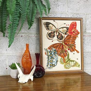 Vintage Butterfly Needlepoint 1970s Retro Size 18x22 Homemade Fiber Art with Colorful Butterflies in a Brown Wood Frame 