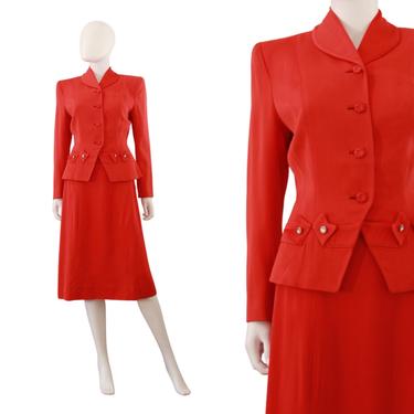 1940s Red Wool Gabardine Suit - 1940s Red Suit - 1940s Womens Suit - Vintage Red Suit - 1940s Gabardine Suit - 40s Gab Suit | Size Small 