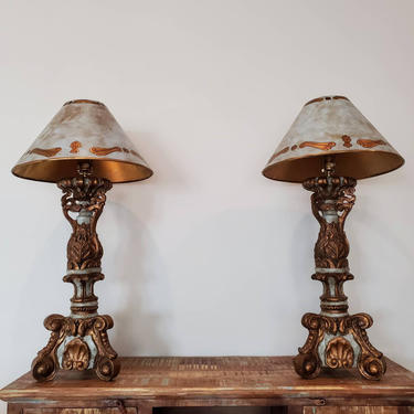 Vintage Italian Baroque Style Carved Sculpted Painted Gilt Altar Candlestick Table Lamp Pair in Distressed Rustic Tuscan by MAC Sculpture 