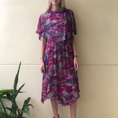 1980&#39;s Silk Dress / Semi Sheer Flutter Sleeves / Designer Printed Silk Chiffon Dress / Colorful Floral Print / Layered Chiffon Dress by closetcaseVNTG