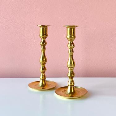 Pair of Round Brass Candle Holders 