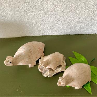 Turtle Trio, Set 3, Carved Natural Stone, Granite, Onyx, Mexico, Tortugas, Vintage 