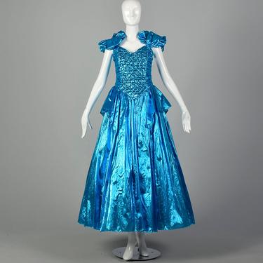 1980s Electric Blue Lame Prom Dress Evening Gown Formal Sequin Bodice Full Length 