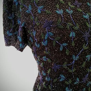 80's vintage LAURENCE KAZAR sequin beaded top // floral sequence cocktail party dress top// turquoise blue black bead blouse top L 