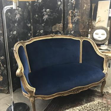 Antique French Louis XVI Blue Velvet Settee