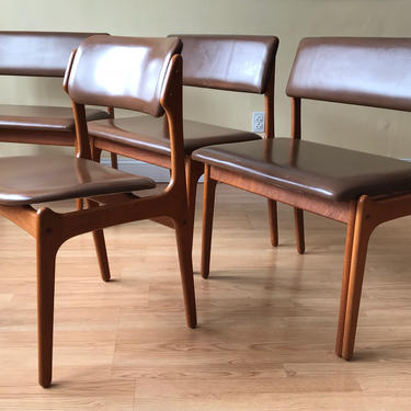 4 pieces Erik Buch Teak &amp; Leather wide, modular, Dining Benches and Erik Buck Model 49 Dining Chair by OD Mobler 