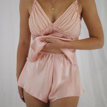 Vintage 80’s Gold Label Victoria’s Secret Blush Pink Charmeuse Silk Camisole + Shorts Sleep Lingerie Set - S/M 