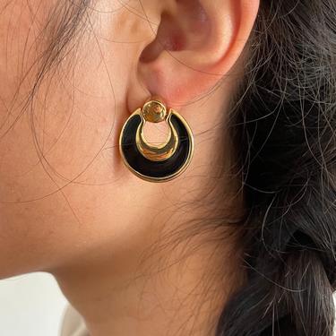 90s black enamel gold tone door knocker hoop pierced signed napier earrings 