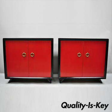 Pair of Red and Black Art Deco Mid Century Modern Cabinet Commodes by Harjer