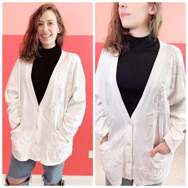 Large 1980s White Beaded Cardigan by LostGirlsVtg