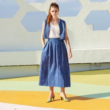 60s Blue Geometric Print Silk Matching Set Vintage High Waisted Skirt Set 