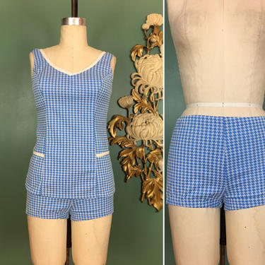1960s swimsuit, blue and white gingham, vintage bathing suit, 60s 2 piece, tank swim set, built in bra, mrs maisel style, size medium, check 