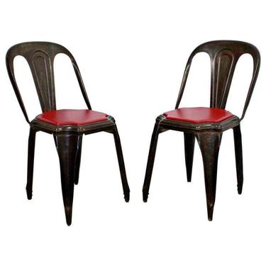 Mid Century Modern Pair of Fibrocit Stacking Bistro Chairs Metal France 1950s 