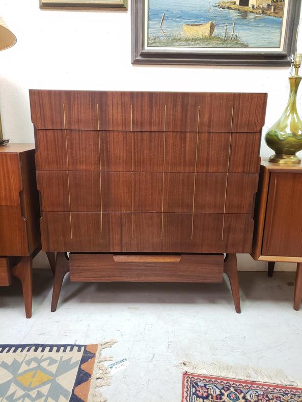 Mahogany Mid-Century Modern Tall Chest of Drawers with Brass Inset Detail