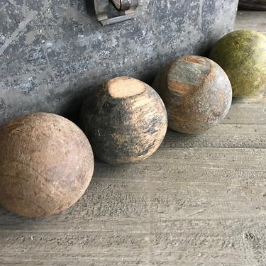 4 Antique Wood Croquet Balls, Primitive Wood, French Farmhouse 