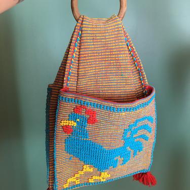 vintage purse, market bag, woven handbag, novelty print, rooster, hippie style, bird print, 1970s purse, vintage bag, Guatemalan, saddle bag 