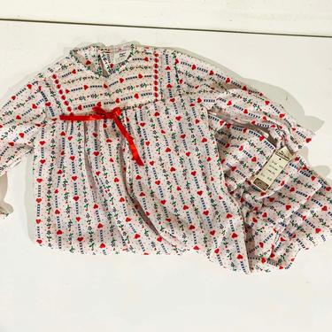 Vintage Children's Nightgown Bees & Jam PJs Heart Print Pajamas Dress Kid's Long Sleeve Girl's Children White Blue Red NOS Deadstock 
