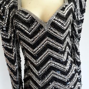 Vintage AJ BARI sequin and beaded tassel dress, vintage great gatsby dress, black silver metallic cocktail dress with fringe, size small s 6 