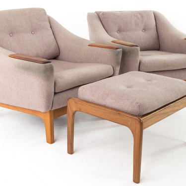 Folke Ohlsson for Dux Teak Upholstered Lounge Chairs and Ottoman - mcm 