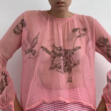 1930's Pink Sheer Top with Hand Drawn Birds