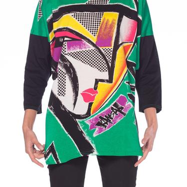 1980S KANSAI YAMAMOTO Green Asymmetrical Abstract Face Print Top With Cropped Back 