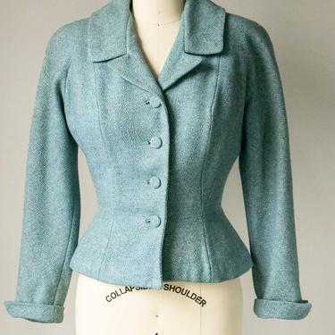1950s Wool Fitted Blazer Blue Peplum S 