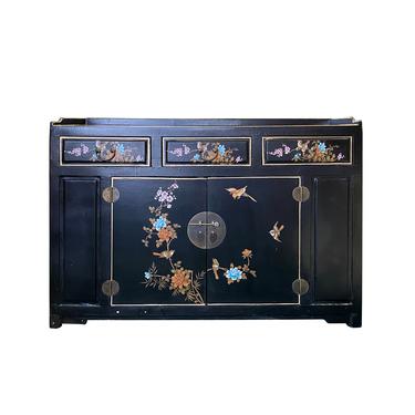 Chinese Black Vinyl Color Flower Birds Cabinet Sideboard Credenza cs6176E 
