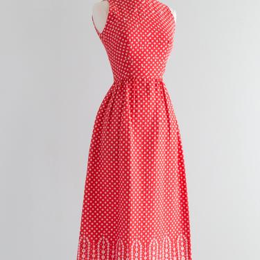 Fabulous 1960's Red Maxi Gown With White Flowers and Rhinestones / Small