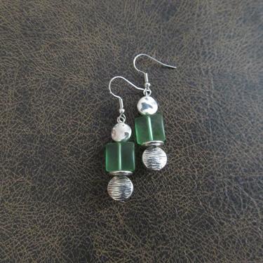 Green sea glass earrings, boho chic earrings, tribal ethnic earrings, bold earrings, silver earrings, unique artisan earrings, small 