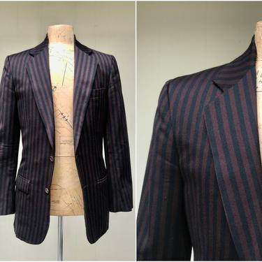 Vintage 1980s Perry Ellis Wool Sport Coat, Black and Brown Striped Jacket, Designer Menswear, Medium 38 Regular, Fab but Flawed 