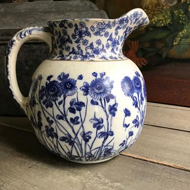 English Royal Doulton Pitcher Jug, Blue Sunflower Floral Pattern, Flower Vase, Burslem, Farm Table 