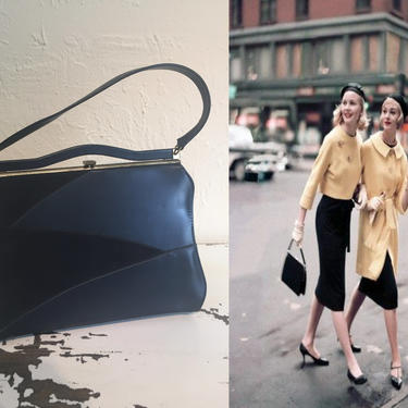 College Requirements - Vintage 1950s Midnight &amp; Navy Blue Pearlized Vinyl Suede Leather Handbag Purse 