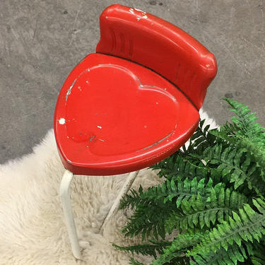 Vintage Heart Stool Retro 1960s Mid Century Modern + Metal Frame + Red and White + Tripod Base + Vanity Seating + Plant Stand + MCM Decor 