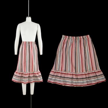 Vintage 1990's Ruffle Hem Striped Skirt - Red, Blue, Black - Cotton Boho Skirt - Peasant Elastic Waist - Medium / Large - One Size Fits Most 