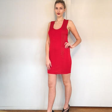 VTG 80's Krizia Red Knit BodyCon Beaded Mini Dress 