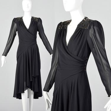 XXS Casadei Black Sequin Wrap Dress Beaded Sheer V Neck Beading Vintage 1980s Cocktail Dress 