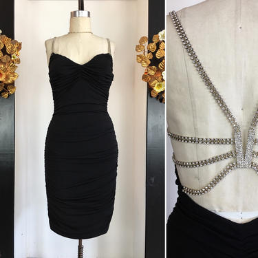 1980s wiggle dress, black ruched dress, vintage cocktail dress, 80s cage dress, rhinestone dress, size medium, 27 28 waist, cache dress, 
