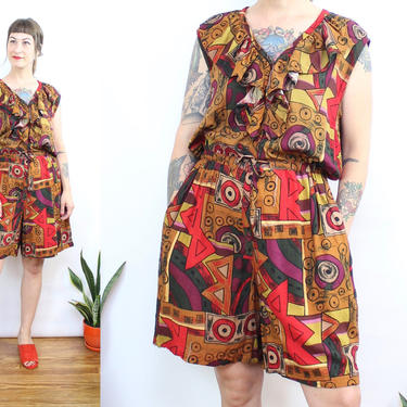 Vintage 90's Abstract Funky Rayon Romper / 1990's Sleeveless Romper with Pockets / Women's Size Large by Ru